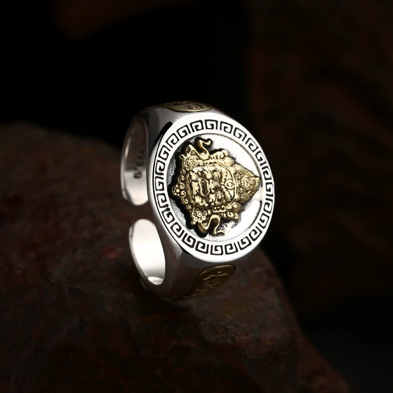 Yellow Wealth Deity Motif Open Ring - Image 4