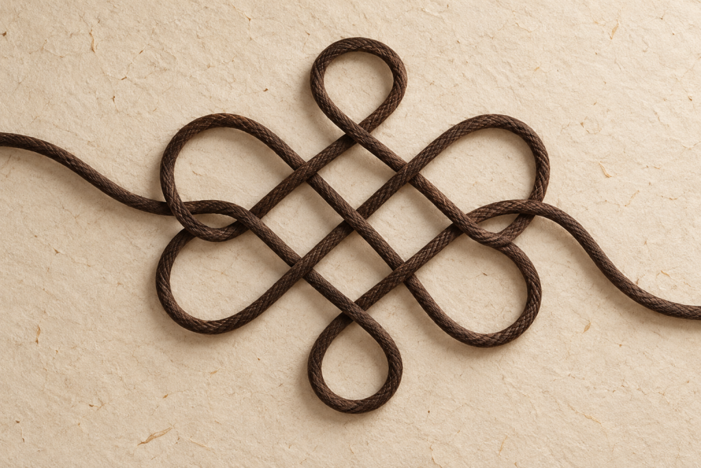 Dark cord looping across cream paper in a conceptual editorial illustration.